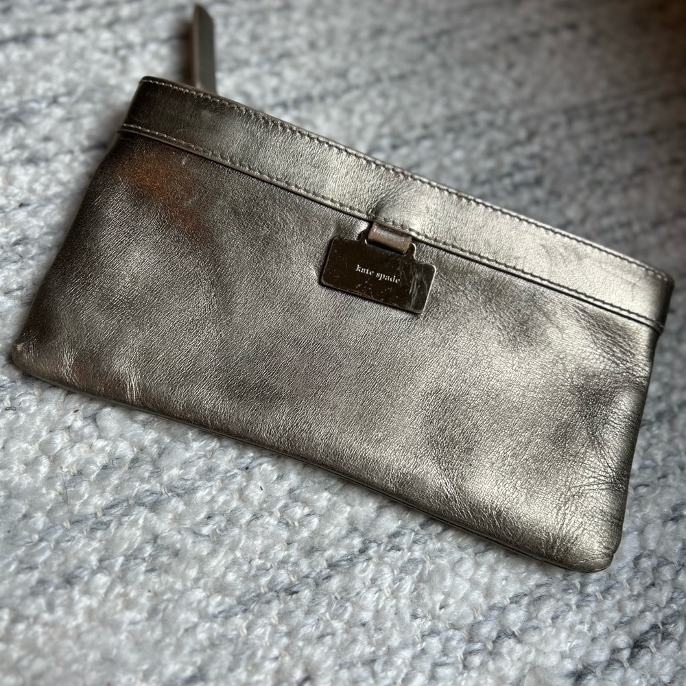 Kate Spade New York Metallic Pewter Gold Leather Wallet Y2K Minimalist
